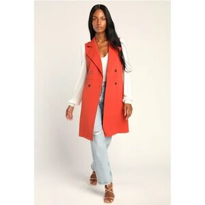 Lulus Womens Burnt Orange Longline Double Breasted Sleeveless Vest Jacket Size L